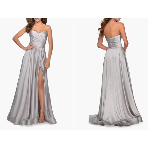 New La Femme Size 6 Strapless Slit Satin Ballgown w/Pockets Silver 28608 Prom - Picture 1 of 15